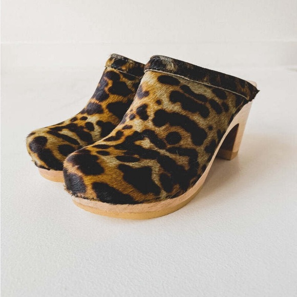 No. 6 Store New School deep lake Clog clogs mules wooden Leopard Pony calf hair - Picture 8 of 9
